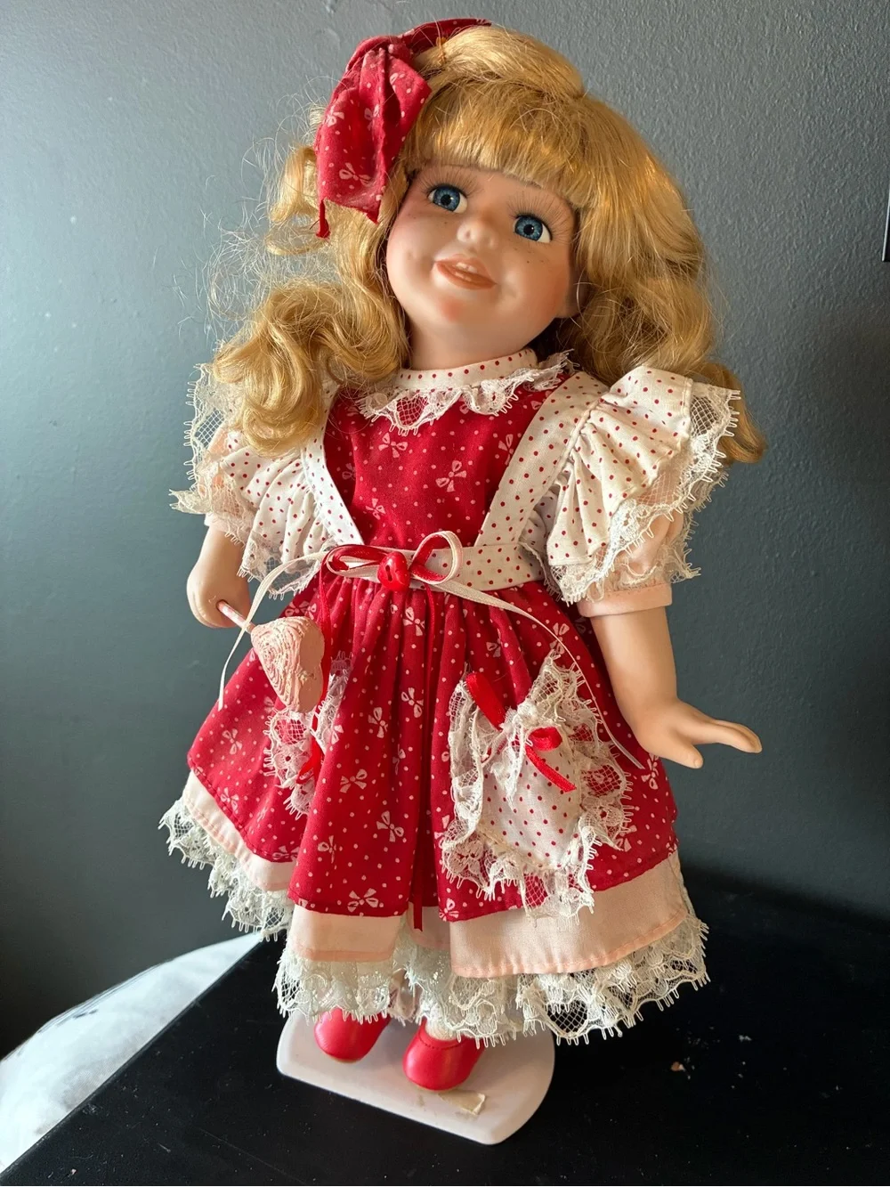 Vintage Red Polka-Trim Girl porcelain Doll with Blonde Hair